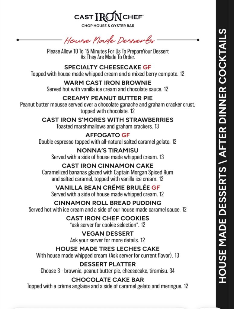 Dessert Menu - The Cast Iron Chef Chop House & Oyster Bar